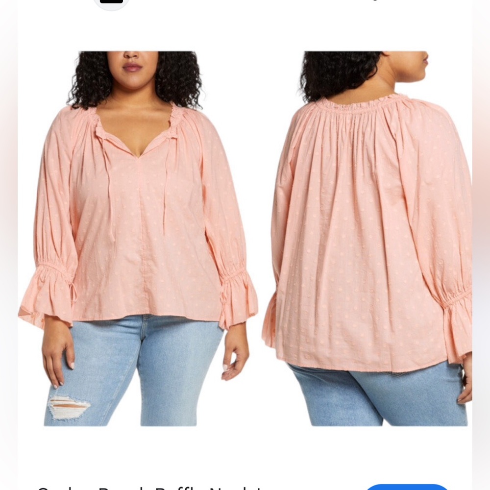 Caslon Soft Peach Ruffle Neck Boho Peasant polka dot blouse bell sleeves M NWT
